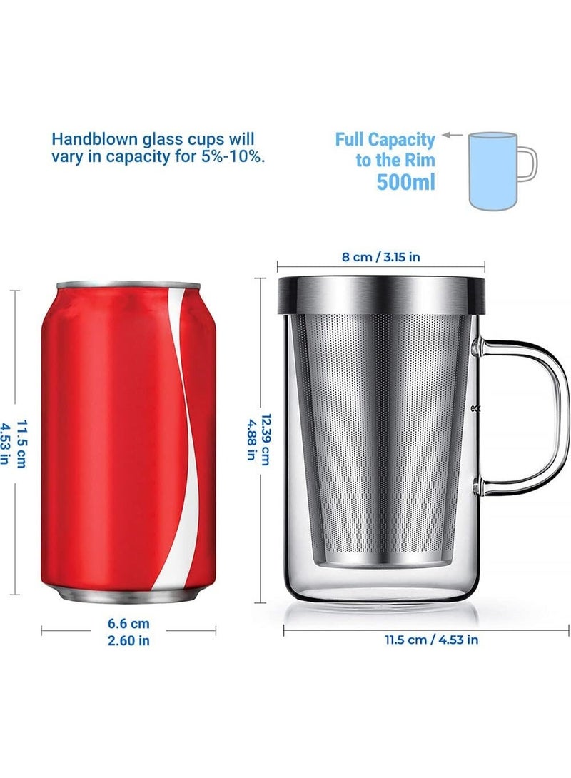 هوم زون هوم زون 16.9 اونصة كوب شاي من زجاج البوروسيليكات مع سلة نقع وتصفية من الستانلس ستيل وغطاء كوب شاي لنقع الشاي السائب سعة 500 مل (شفاف) - Image 2